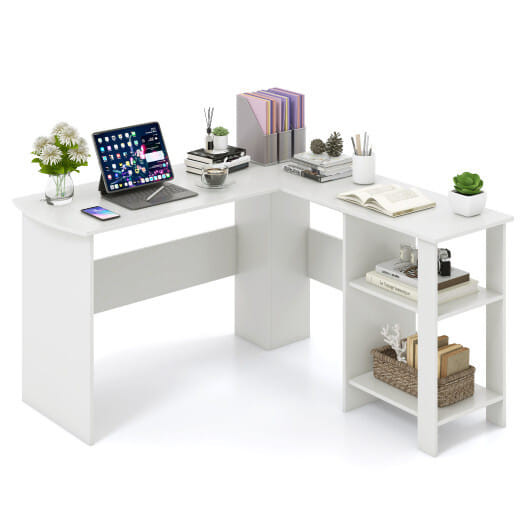 Large Modern L-shaped Computer Desk with 2 Cable Holes and 2 Storage Shelves-White - Color: White D681-CB10461WH+