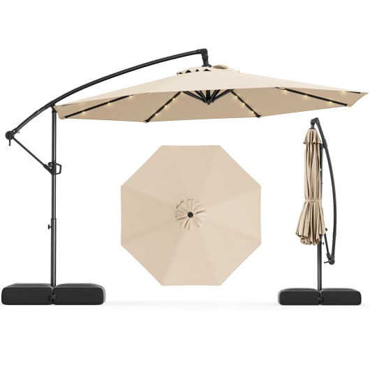 10 Feet Solar Offset Hanging Umbrella with Base and 32 LED Lights-Beige - Color: Beige D681-NP12351BE
