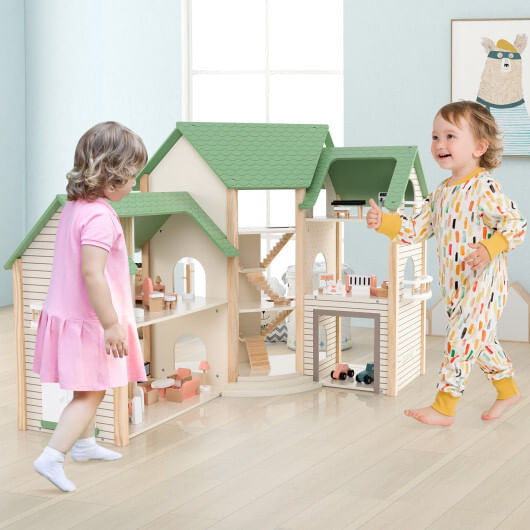 Wooden Corner Dollhouse Playset with 6 Rooms and 36 Pieces for Kids 3+ Years Old-Green - Color: Gre D681-TP10210GN