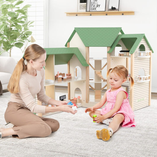 Wooden Corner Dollhouse Playset with 6 Rooms and 36 Pieces for Kids 3+ Years Old-Green - Color: Gre D681-TP10210GN