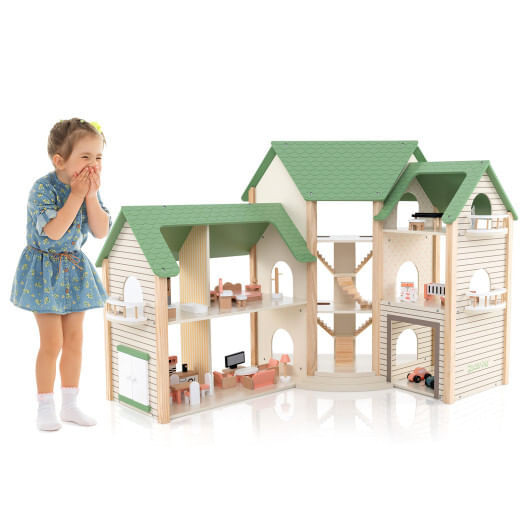 Wooden Corner Dollhouse Playset with 6 Rooms and 36 Pieces for Kids 3+ Years Old-Green - Color: Gre D681-TP10210GN