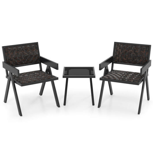 3 Pieces Patio PE Wicker Bistro Set with Quick-Drying Foam-Black - Color: Black D681-NP12097BN
