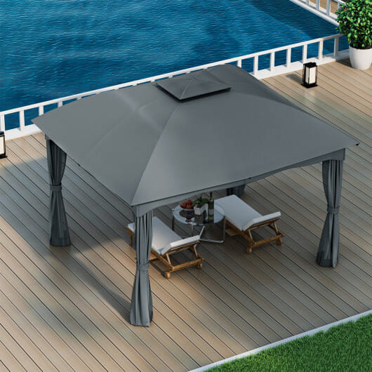 12 x 10 Feet Canopy Double Vented Heavy Duty Steel Gazebo-Gray - Color: Gray D681-NP10383GR