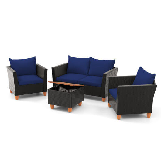 4 Pieces Outdoor Conversation Set with Storage Coffee Table-Navy - Color: Navy D681-HW72334NY+