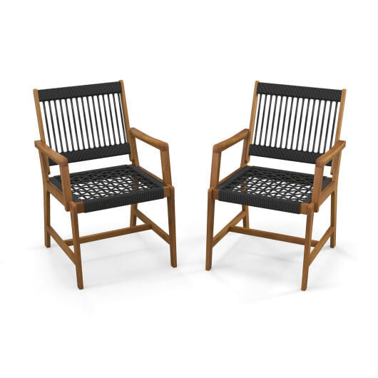Set of 2 Patio Acacia Wood Dining Chairs with Armrests for Lawn Yard - Color: Black D681-HW70896