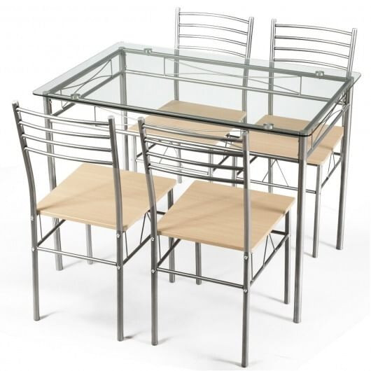 5 Pieces Dining Set Glass Table and 4 Chairs - Color: Natural D681-HW66274