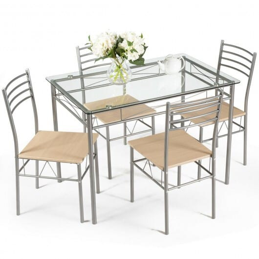 5 Pieces Dining Set Glass Table and 4 Chairs - Color: Natural D681-HW66274