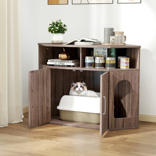 Corner Cat Litter Box Enclosure with Storage Shelves and Double Doors-Gray - Color: Gray D681-PV10329GR
