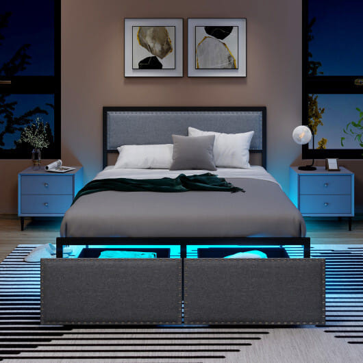 Full/Queen/Twin Size Bed Frame with LED Lights Drawer and Metal Slats-Full Size - Color: Gray - Siz D681-HU10701GR-F