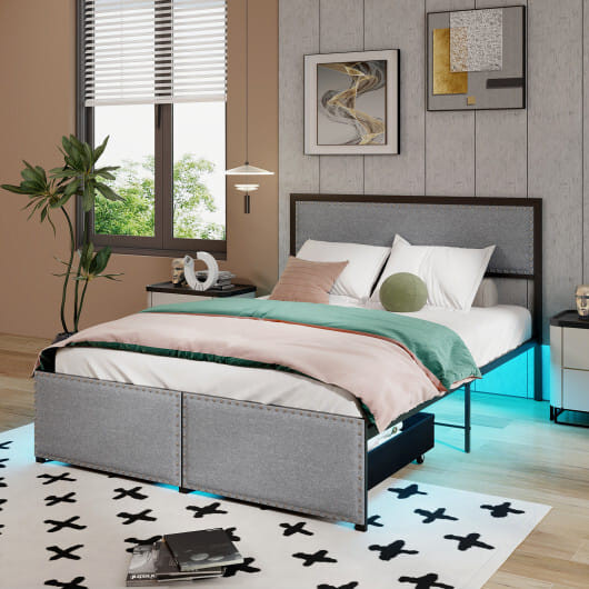 Full/Queen/Twin Size Bed Frame with LED Lights Drawer and Metal Slats-Full Size - Color: Gray - Siz D681-HU10701GR-F