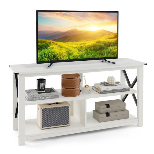 3 Tier Wood TV Stand for 55-Inch with Open Shelves and X-Shaped Frame-White - Color: White D681-HW65893WH
