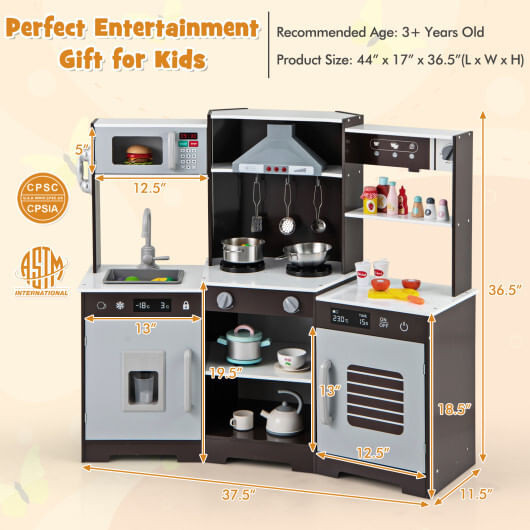 Pretend Play Kitchen Wooden Toy Set with Range Hood Real Sounds and Lights-Brown - Color: Brown D681-TP10237BN