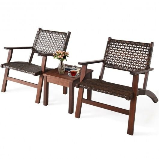 3 Pieces Outdoor Wooden Patio Rattan Furniture Set - Color: Brown D681-OP70267