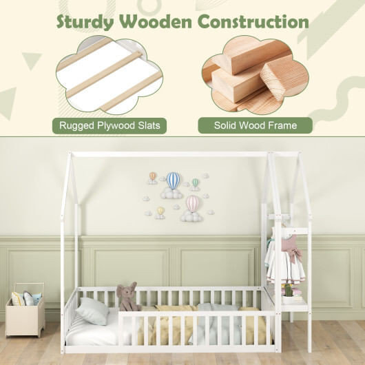 Twin House Floor Bed Montessori Bed Frame with Storage Shelf-White - Color: White D681-HU10998WH