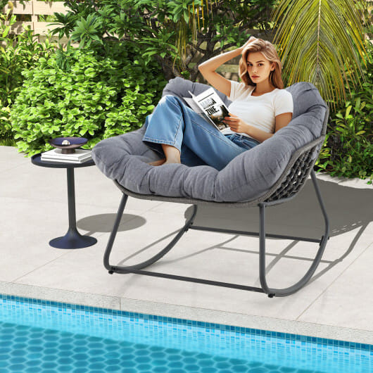 Outdoor Rocking Chair Oversized Patio PE Wicker Egg Chair with Cushion-Gray - Color: Gray D681-NP11980GR