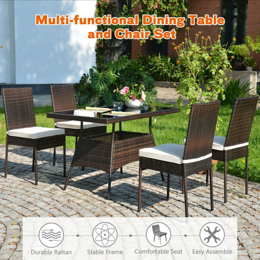 5 Pieces Rattan Dining Set Glass Table High Back Chair - Color: Brown D681-HW66855C+