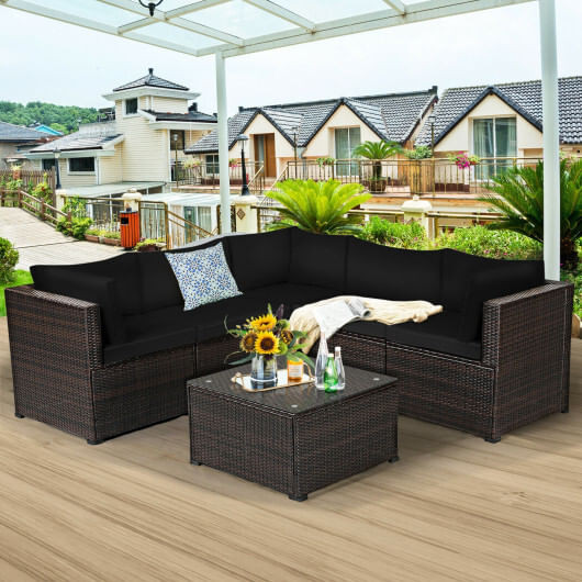 6 Pieces Patio Furniture Sofa Set with Cushions for Outdoor-Black - Color: Black D681-HW70624DK+