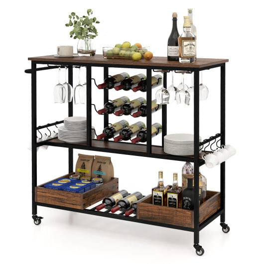 3 Tiers Bar Cart on Wheels with Glass Racks-Rustic Brown - Color: Rustic Brown D681-JV11558CF