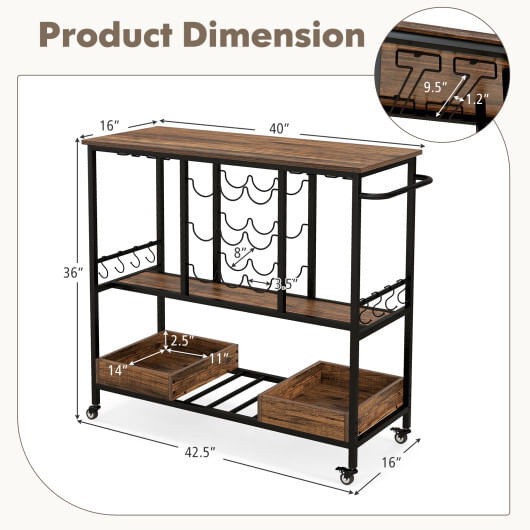 3 Tiers Bar Cart on Wheels with Glass Racks-Rustic Brown - Color: Rustic Brown D681-JV11558CF