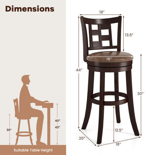 Set of 2 Bar Stools Swivel Bar Chairs with Footrest and Lattice Backrest-30 inches - Size: 30 inches D681-JV12731CF-29