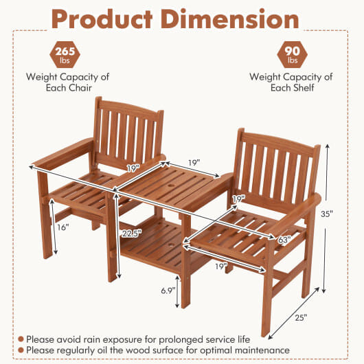 2-Seater Outdoor Patio Furniture Set with 1.57 Inch Umbrella Hole - Color: Natural D681-OP71355
