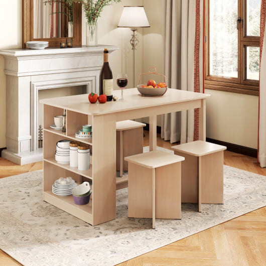 5 Pieces Dining Table Set with Storage Shelf and 4 Stools-Natural - Color: Natural D681-KC58190NA+