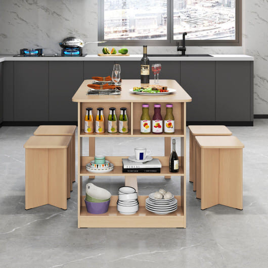 5 Pieces Dining Table Set with Storage Shelf and 4 Stools-Natural - Color: Natural D681-KC58190NA+