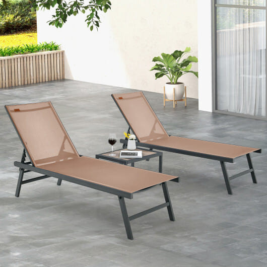 3 Pieces Patio Chaise Lounge Chair and Table Set for Poolside Yard-Brown - Color: Brown D681-NP11119CF