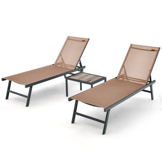 3 Pieces Patio Chaise Lounge Chair and Table Set for Poolside Yard-Brown - Color: Brown D681-NP11119CF