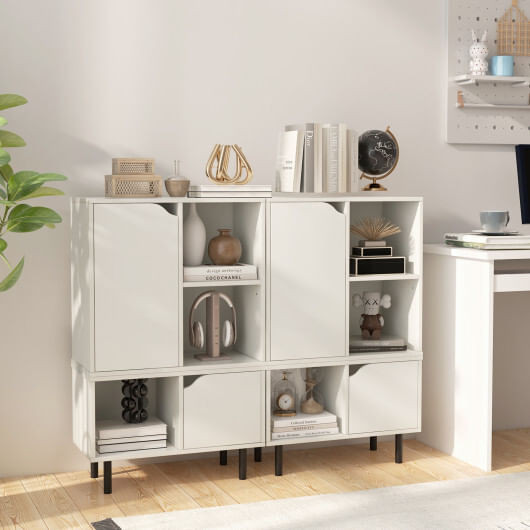 Stackable Bookcase with Adjustable Shelf and Cubes-White - Color: White D681-JZ10160WH