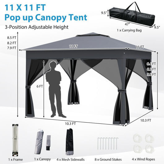 11 X 11 FT Pop Up Gazebo with Mesh Netting and Double Roof-Gray - Color: Gray D681-NP12383GR