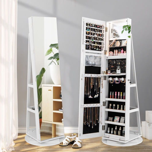 360?° Rotating Mirrored Jewelry Cabinet Armoire 3 Color LED Modes Lockable-White - Color: White D681-JV10430WH