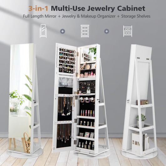360?° Rotating Mirrored Jewelry Cabinet Armoire 3 Color LED Modes Lockable-White - Color: White D681-JV10430WH