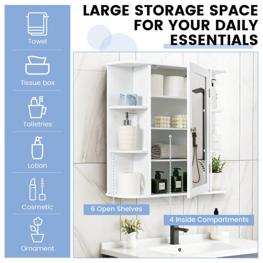 Multipurpose Mount Wall Mirror Bathroom Storage Cabinet-White - Color: White D681-JV10446WH