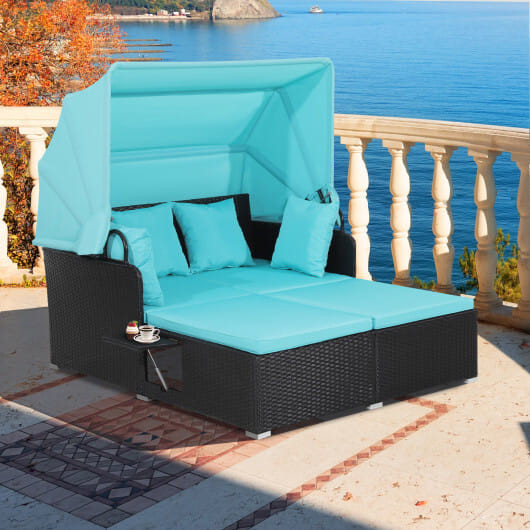 Patio Rattan Daybed with Retractable Canopy and Side Tables-Turquoise - Color: Turquoise D681-HW70628TU