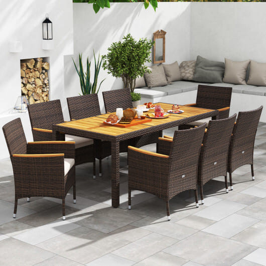 9 Piece Outdoor Dining Set with Acacia Wood Table Top-Beige - Color: Beige D681-HW73184WH+