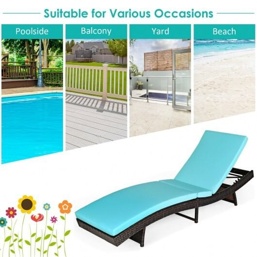 Patio Folding Adjustable Rattan Chaise Lounge Chair with Cushion-Turquoise - Color: Turquoise D681-OP70693TU