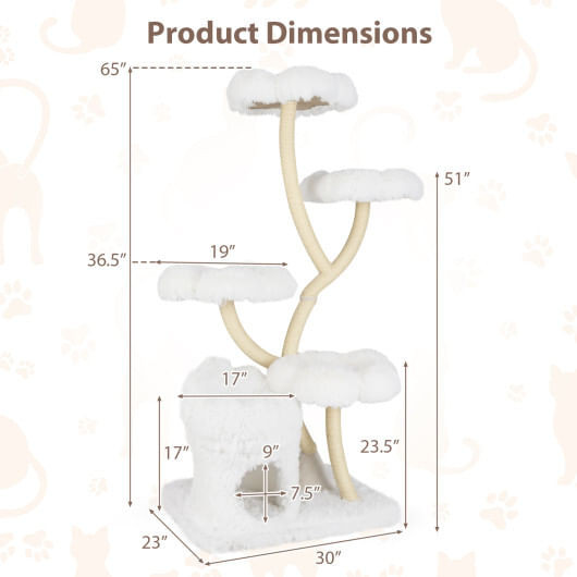 Freestanding Cat Tower with four Flower-shaped Platforms and Sisal Scratching Posts-White - Color:  D681-PV10226BE