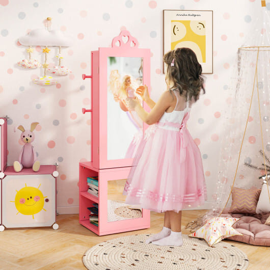3-in-1 Freestanding Kids Jewelry Cabinet Armoire with Full Length Mirror-Pink - Color: Pink D681-HY10316PI