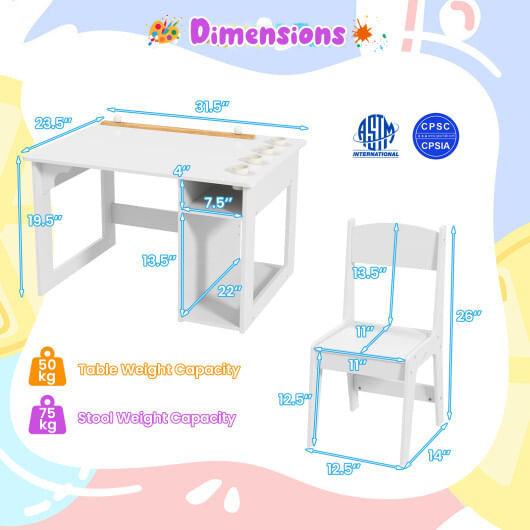 Kids Art Table and Chair Set Toddler Craft Drawing Desk-White - Color: White D681-HY10377WH