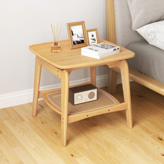 Boho Bamboo Sofa Side Table with Faux Rattan Storage Shelf-Natural - Color: Natural D681-JV11773NA