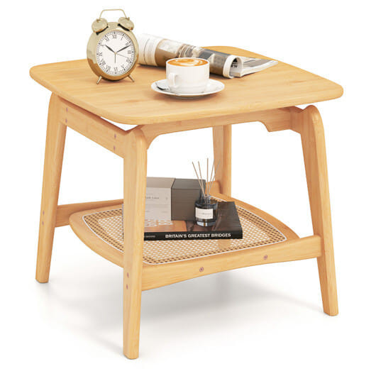 Boho Bamboo Sofa Side Table with Faux Rattan Storage Shelf-Natural - Color: Natural D681-JV11773NA