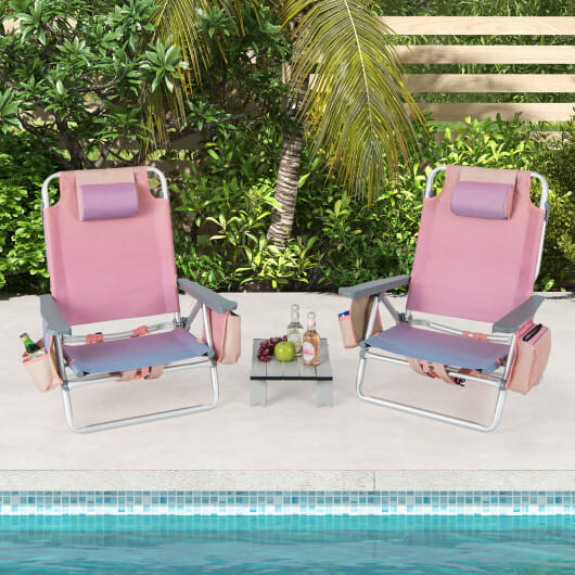 2 Packs 5-Position Outdoor Folding Backpack Beach Table Chair Reclining Chair Set-Pink - Color: Pink D681-NP10020CS-2