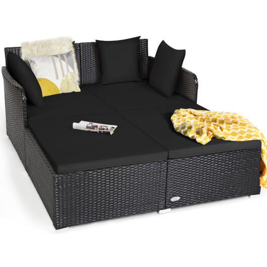 Spacious Outdoor Rattan Daybed with Upholstered Cushions and Pillows-Black - Color: Black D681-HW72537DK