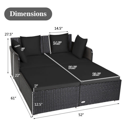 Spacious Outdoor Rattan Daybed with Upholstered Cushions and Pillows-Black - Color: Black D681-HW72537DK