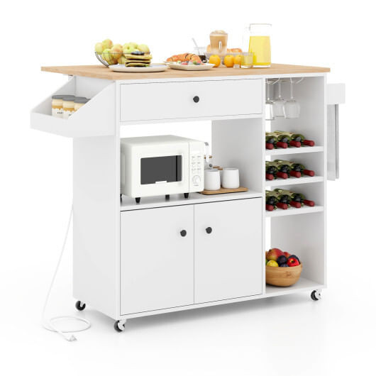 Drop Leaf Mobile Kitchen Island Cart with Power Outlet and Adjustable Shelf-White - Color: White D681-KC56865US-WH