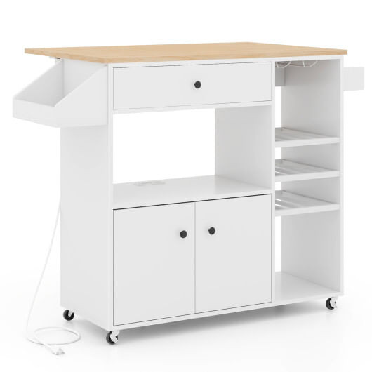 Drop Leaf Mobile Kitchen Island Cart with Power Outlet and Adjustable Shelf-White - Color: White D681-KC56865US-WH