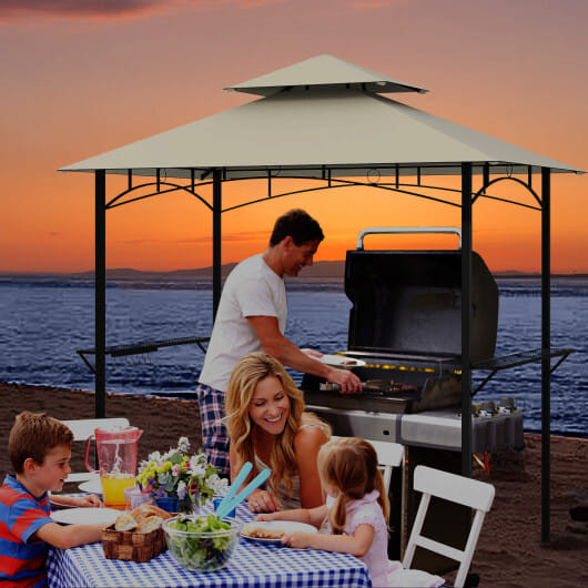 Outdoor Double-Tiered Grill Gazebo Canopy with 2 Shelves and 7 Hooks-Beige - Color: Beige D681-NP12041BE