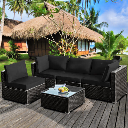 5 Pieces Cushioned Patio Rattan Furniture Set with Glass Table-Black - Color: Black D681-HW68691BDK+