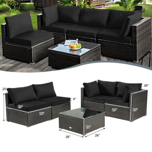 5 Pieces Cushioned Patio Rattan Furniture Set with Glass Table-Black - Color: Black D681-HW68691BDK+
